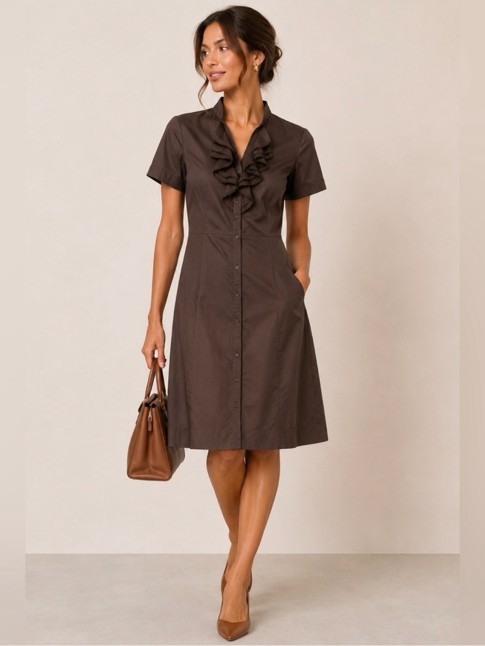 Saks Fifth Avenue Brown Short-Sleeve Ruffle-Front A-Line Dress